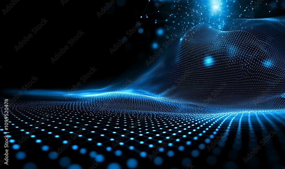 Aufkleber A futuristic illustration of data technology, featuring low poly shapes with interconnected dots and lines on a dark background, rendered in 3D to visualize big data.