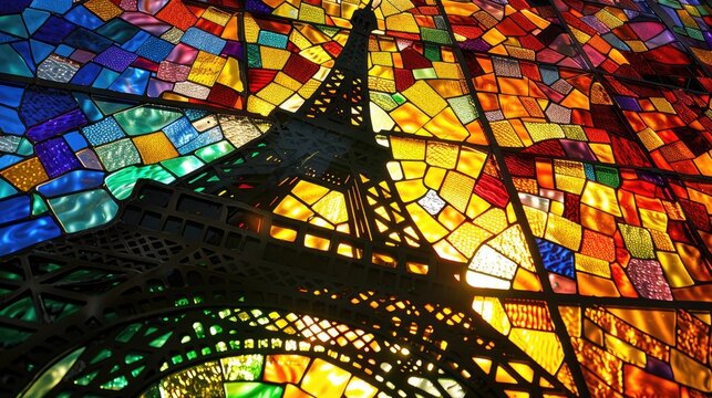 Colorful stained glass window of the Eiffel Tower in Paris, France
