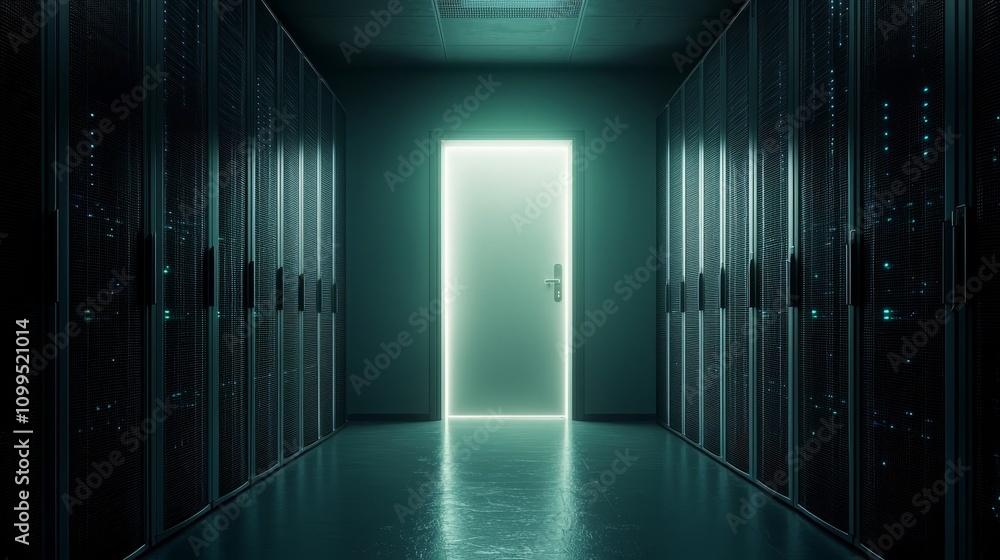 Poster A view of a busy data center corridor filled with rack servers and supercomputers, featuring an internet connection visualization projection.