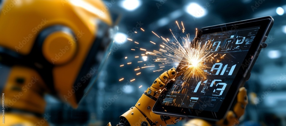 Poster Engineers monitor and manage automatic welding robotic arms in a smart automotive factory using software for digital manufacturing, reflecting Industry 4.0 standards.