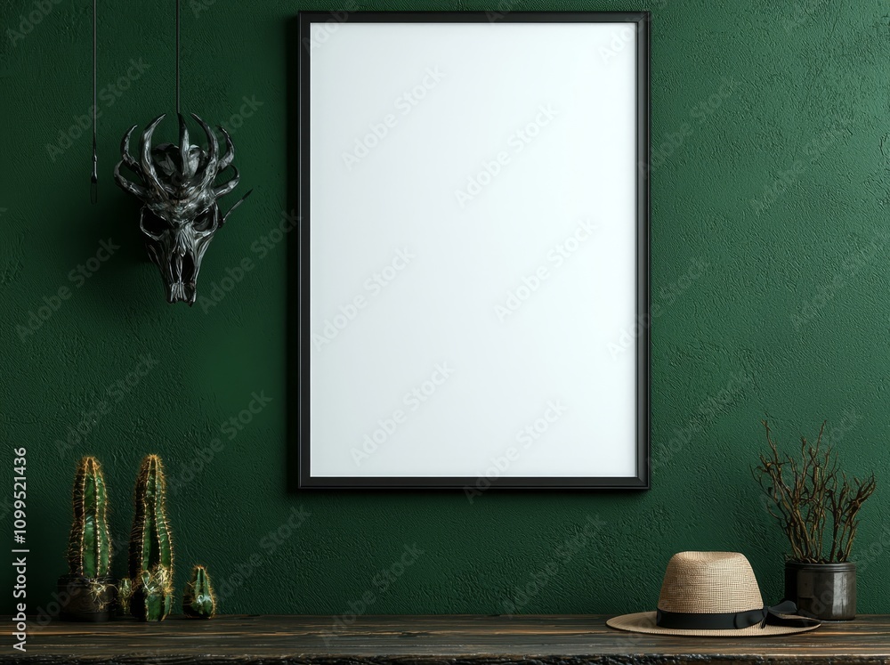 Poster cozy room displaying an empty frame mockup.