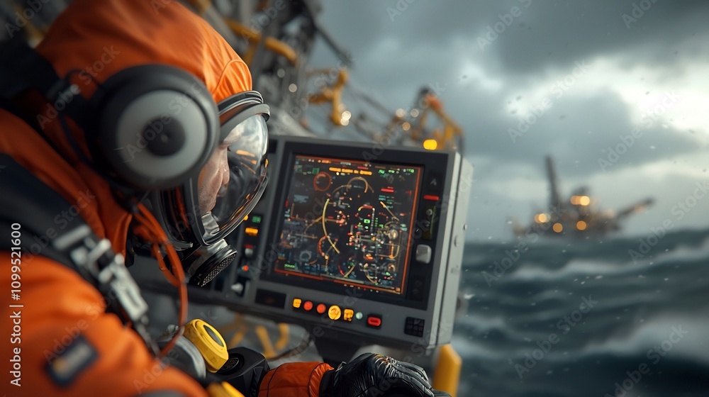Poster offshore technicians in protective gear monitoring and adjusting the intricate control systems of a 