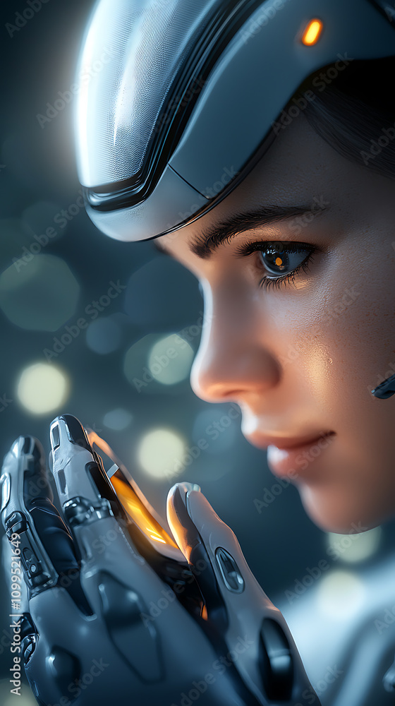 Poster robotic assistant engaging in digital compliance checks futuristic laboratory high-tech imagery clos