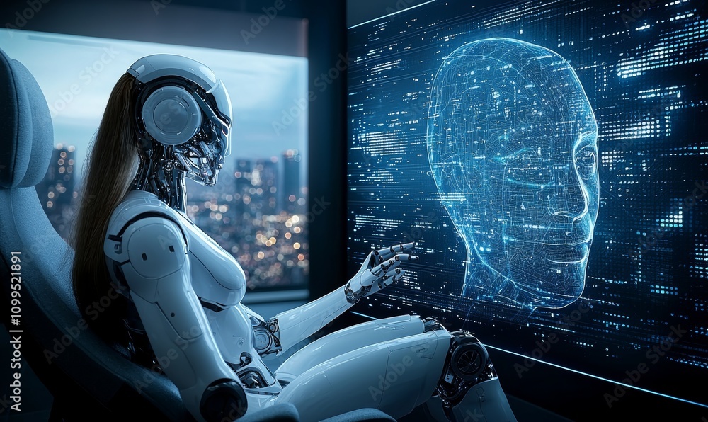 Poster A 3D rendering of a robot hand touching a human hand against a dark background.