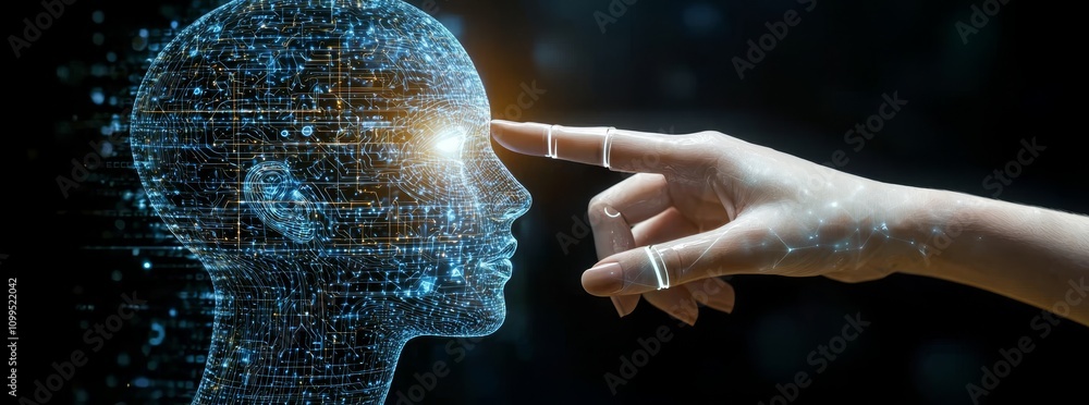 Aufkleber Machine learning. A robot's hand interacting with binary data. Futuristic stock image (AI). Deep learning. Symbolizing the brain. Innovative algorithms and neural networks. Big data visualization.