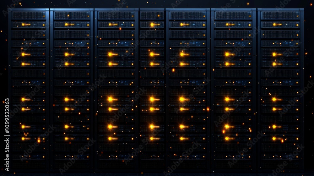 Poster Image of a data center featuring numerous rows of fully functioning server racks. This represents modern telecommunications, cloud computing, stock database, and supercomputer technology concepts.