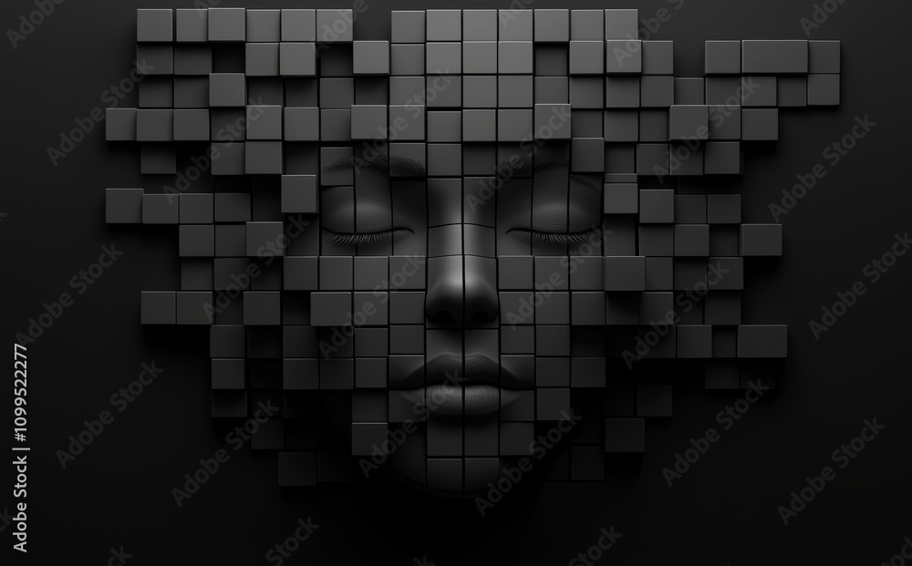 Poster a conceptual 3d illustration of a digital human face, representing big data or cyber security.