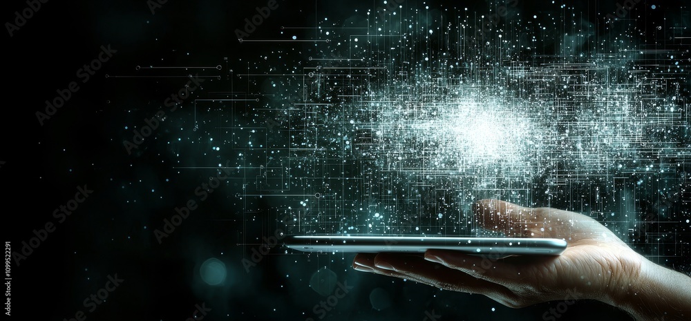 Poster A hand interacting with a telecommunication network and wireless mobile internet technology featuring a 5G LTE data connection, representing global business, fintech, and blockchain.