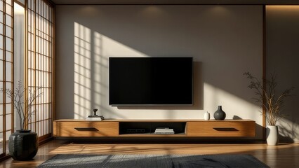 Sleek Japanese TV console, minimalist design, AI-rendered. Modern, clean lines.