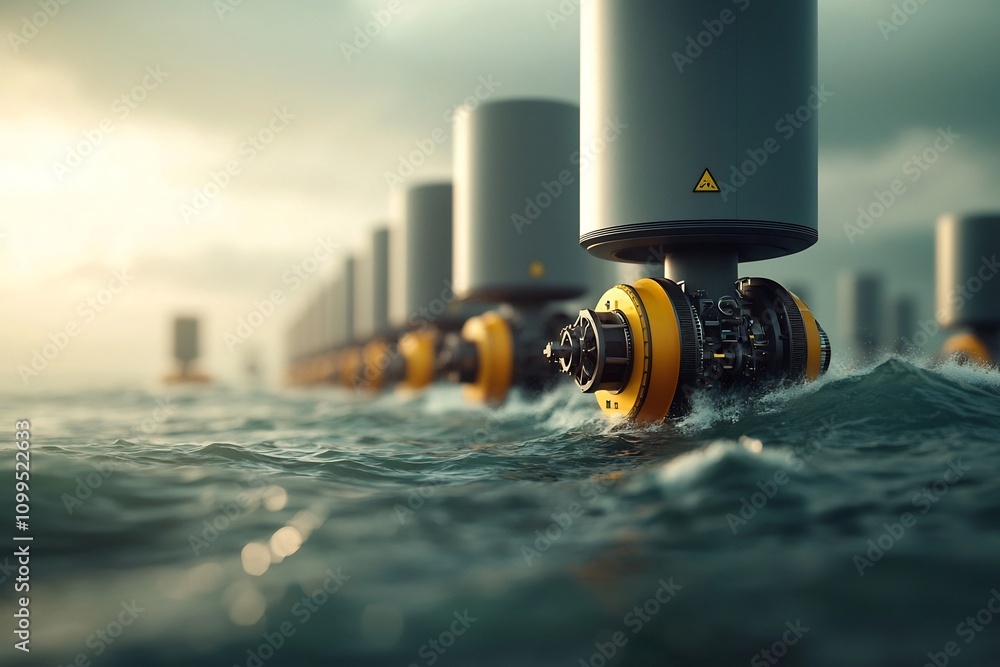 Poster offshore wave energy converter array generating power from choppy ocean waves with linear rows of to