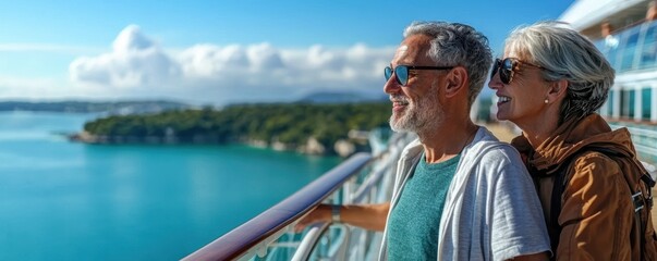 Retirement Insurance concept. Happy older adults on a cruise ship, living out their dream retirement vacations, pension benefits, luxury and fulfilled aspirations