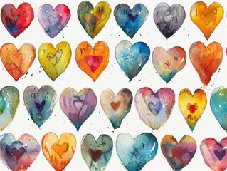 A collection of watercolor painted hearts each inscribed with a beatitude