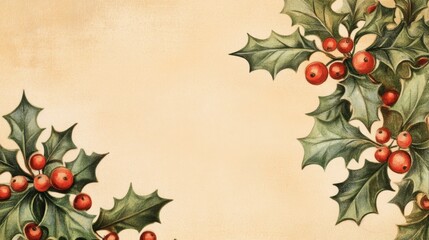 Vintage Christmas Holly Illustration Background with Space for Text
