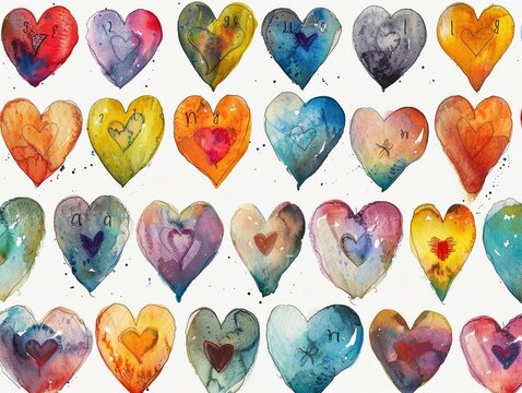 A collection of watercolor painted hearts each inscribed with a beatitude