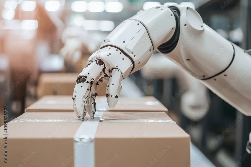 Aufkleber in an industry 4.0 concept, a smart factory prototype picks up goods from automated cars on the prod