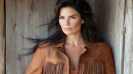 Naklejka premium Elegant Woman in Stylish Leather Jacket Posing by Wooden Background