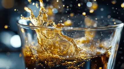 Amber liquid splashing into a glass