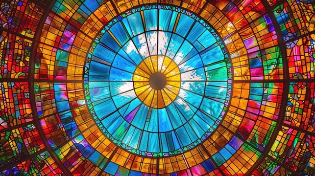 Colorful circle stained glass window closeup of photo