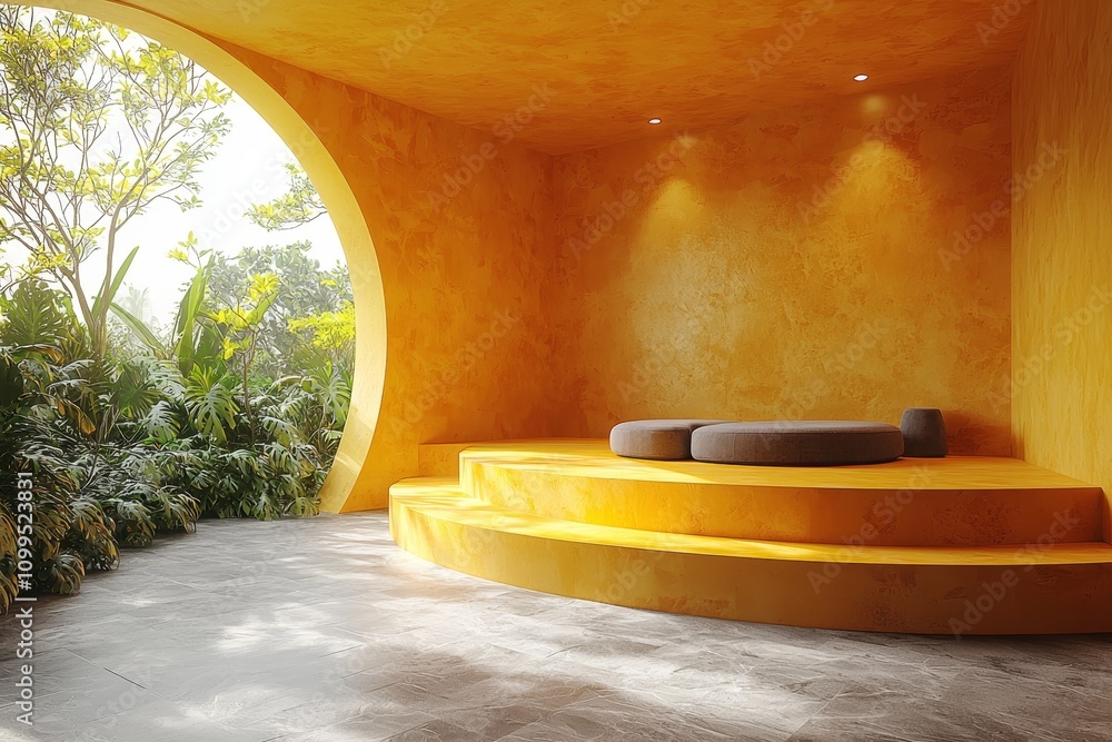 Poster the inside of an empty room with a yellow pedestal on a vivid background. the pedestal is blank to s