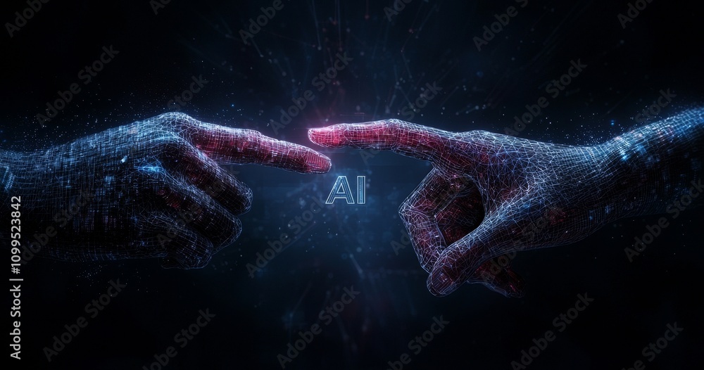 Aufkleber AI and machine learning, with robotic and human hands interacting on a big data network connection backdrop, symbolizing science, technology, innovation, and the future.