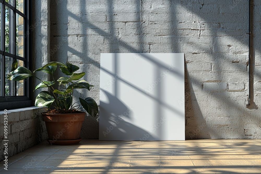 Poster an empty white vertical rectangle poster or business card mockup with diagonal window shadow on a sm