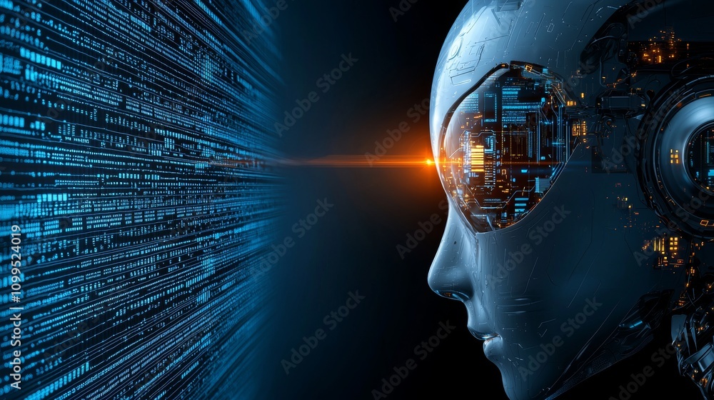 Poster AI research in 3D rendering focuses on the development of robots and cyborgs for future human living, utilizing digital data mining and machine learning technology to design computer brains.