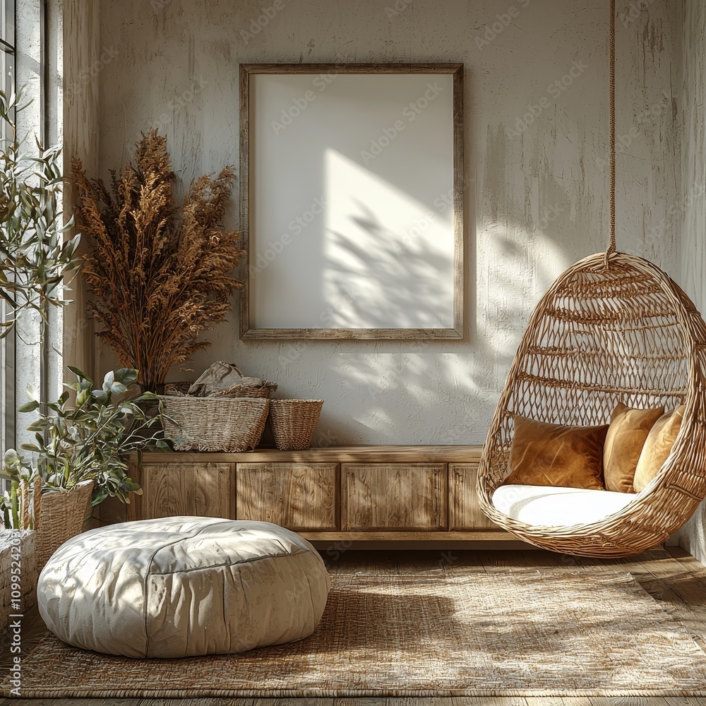 Aufkleber The frame is mocked up against a coastal boho background with a 3D render of the interior