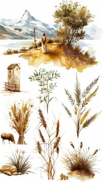 A series of stylized watercolor depictions of Jesus parables