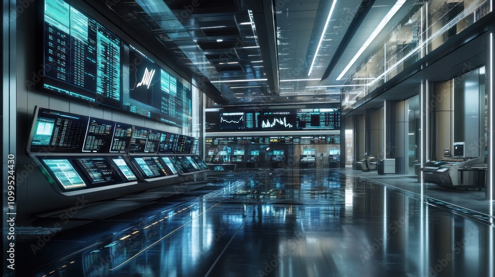 Aufkleber futuristic control room interior with large screens displaying data and graphs.