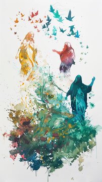 A series of stylized watercolor depictions of Jesus parables