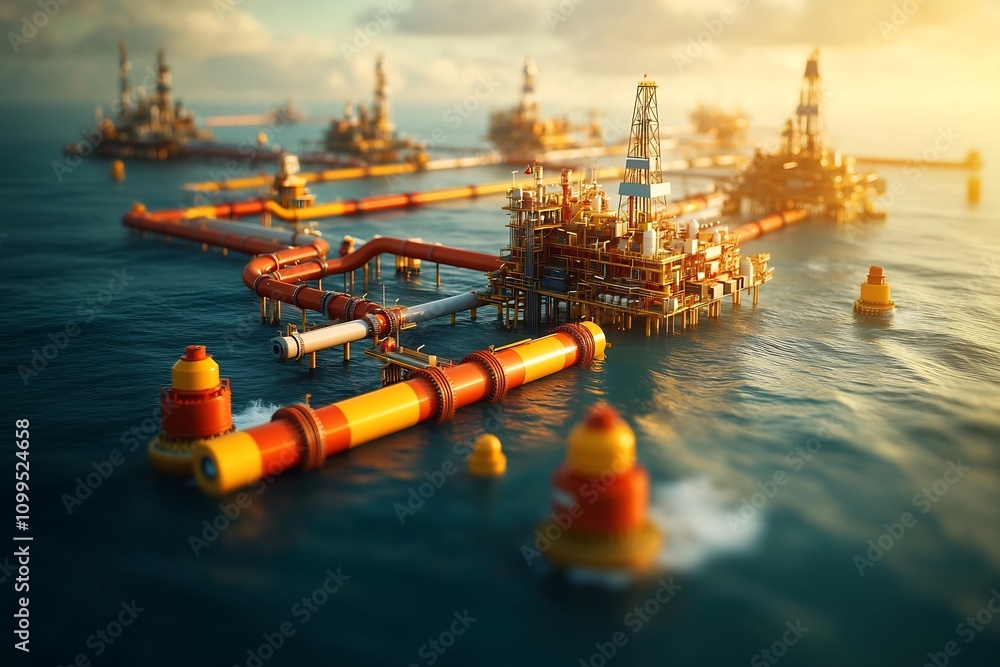 Poster sweeping aerial view of an extensive offshore oil pipeline infrastructure snaking along the seafloor