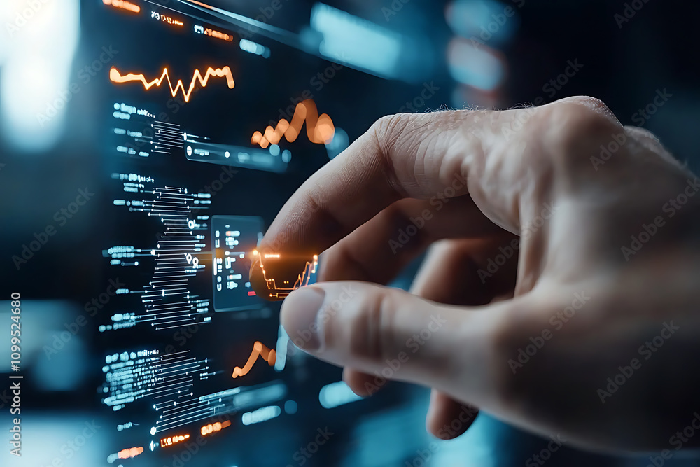 Poster action-packed aidriven strategy session with glowing holographic chart visuals in a futuristic busin