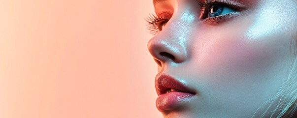 Obraz premium High fashion model posing with iridescent makeup and creative lighting