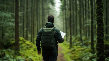 Fototapeta premium Hiker navigating a misty forest with a map