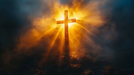 Fototapeta premium Hand reaching for the cross with light rays on a dark background