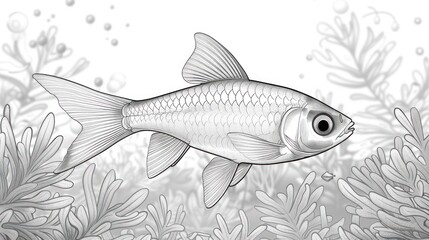 Obraz premium Monochrome illustration of a fish swimming amidst aquatic plants.