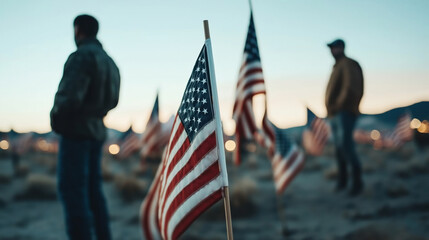 American flags displayed outdoors with two silhouetted figures in the background against a clear sky during sunset.