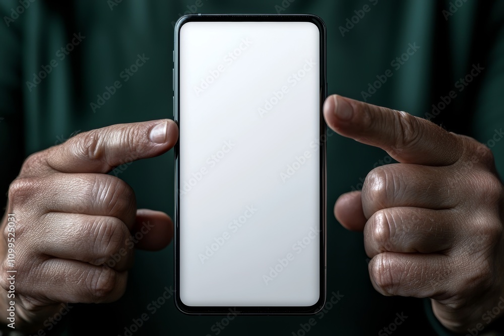 Poster a mockup featuring a beautiful woman pointing at a mobile phone with a plain white screen.
