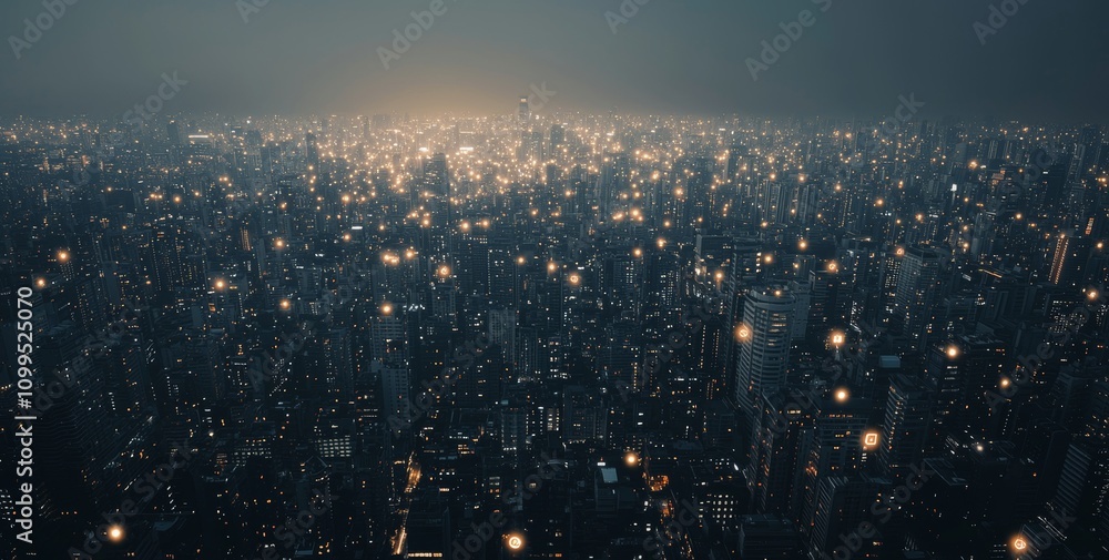 Poster smart services and icons are displayed in a panoramic view of a cityscape skyline