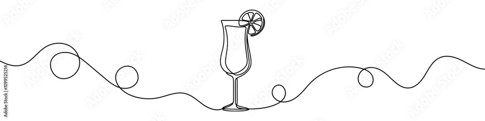 Poster minimalist vector illustration of a cocktail glass with a slice of lemon, created using a continuous