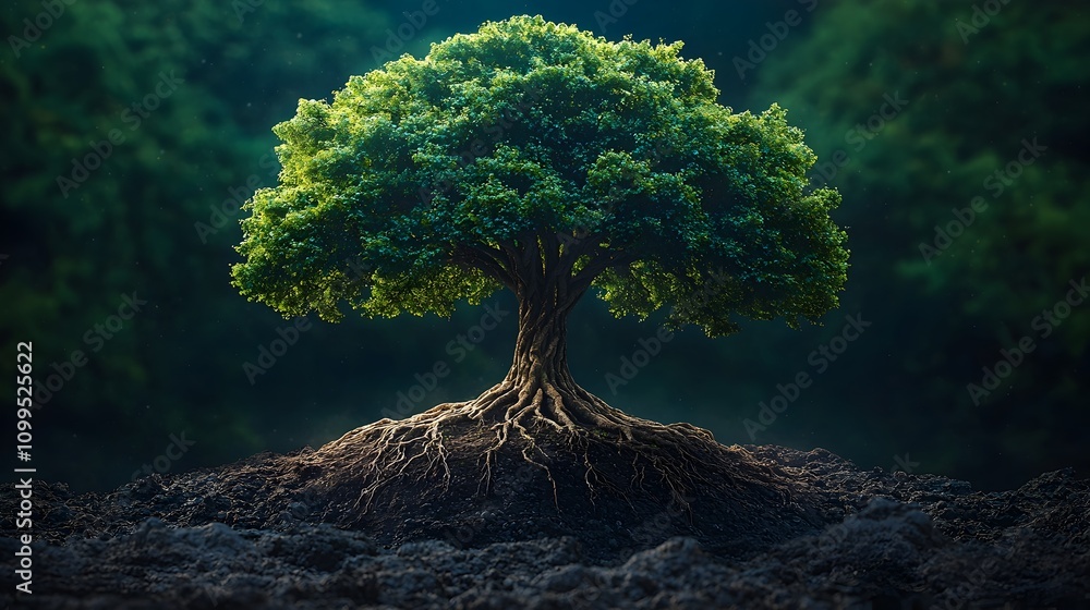 Poster surreal of a massive tree growing on earth with its roots wrapping around the entire globe in the va