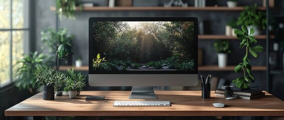 A blank computer is pictured on a white table at a contemporary office.