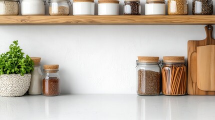 Clean Kitchen Countertop with Spice Rack and Jars