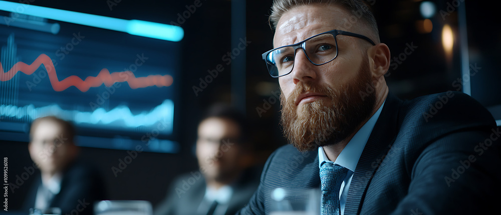 Poster business disruption analysis with neon hologram charts in a corporate boardroom setting focused on s