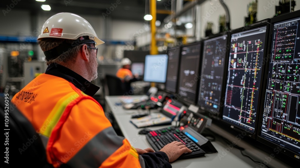 Fototapete Facilities Operators Control Factory Production Lines using Computers and Screens Displaying Complex UI of Machine Operation Processes, Controllers, and Machinery Blueprints in Industry 4.0
