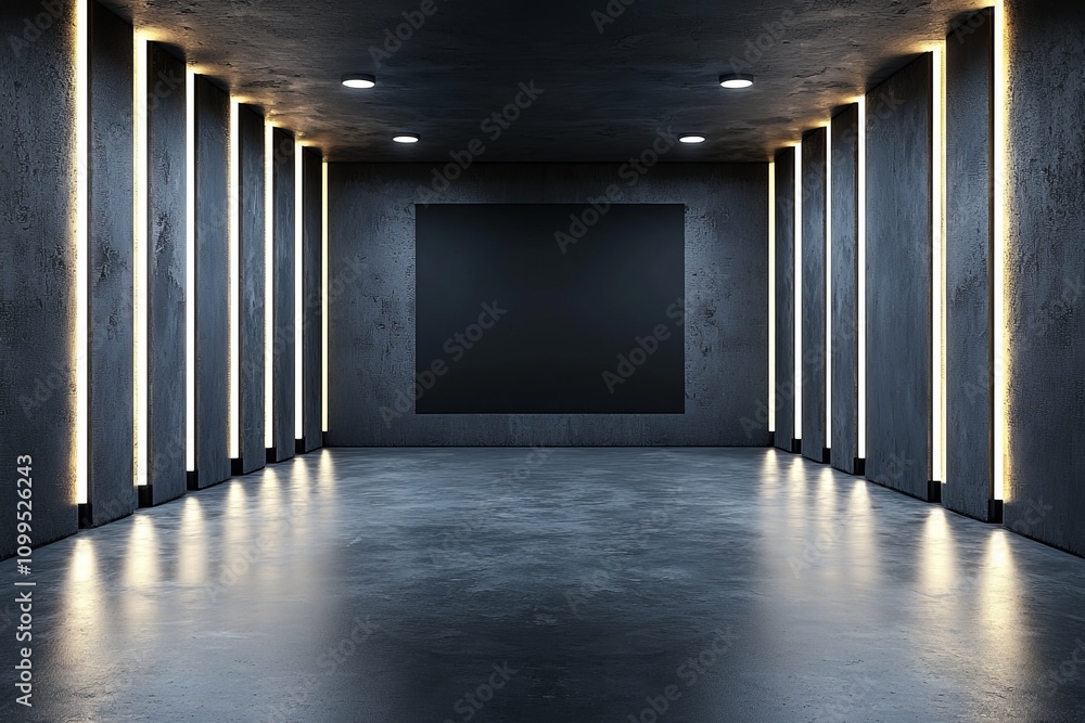 Poster a trendy black room with led lights on the walls showcases a black partition with a central empty sp