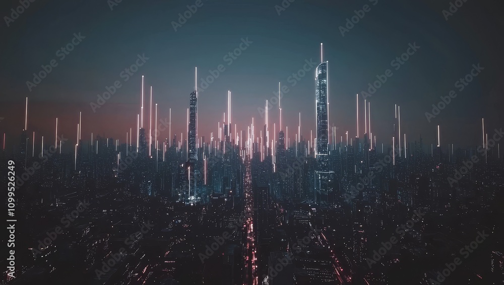 Poster Modern futuristic smart city concept in space with abstract red blue background. Computer information system communication, internet of things, internet of things communications.