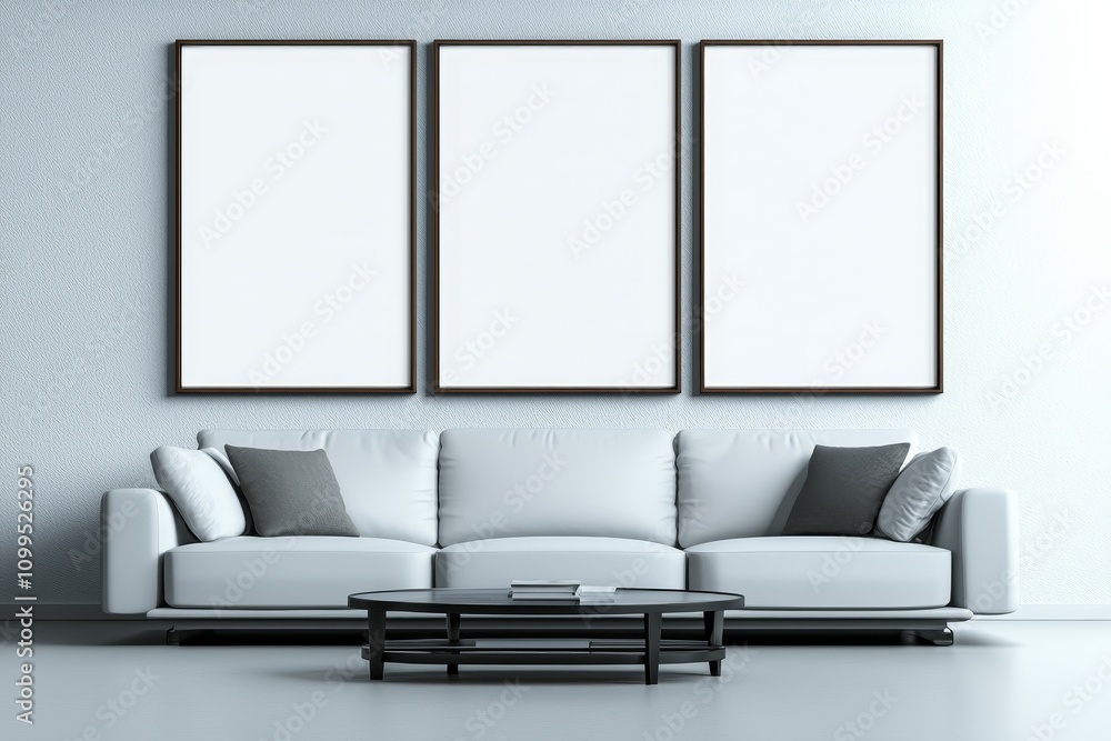 Poster 3D illustration of a Boho-style interior with a frame and poster mockup. 3D rendering.
