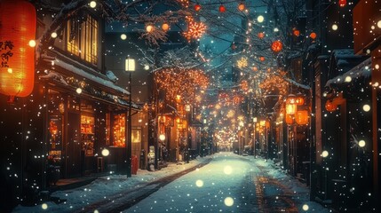 Obraz premium Snowfall on a charming, illuminated street in a snow-covered Asian town at night.
