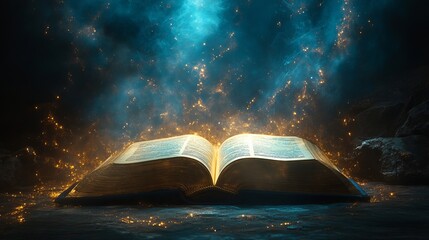 Holy Bible. Open book on wooden table in dark room with rays of light coming from above